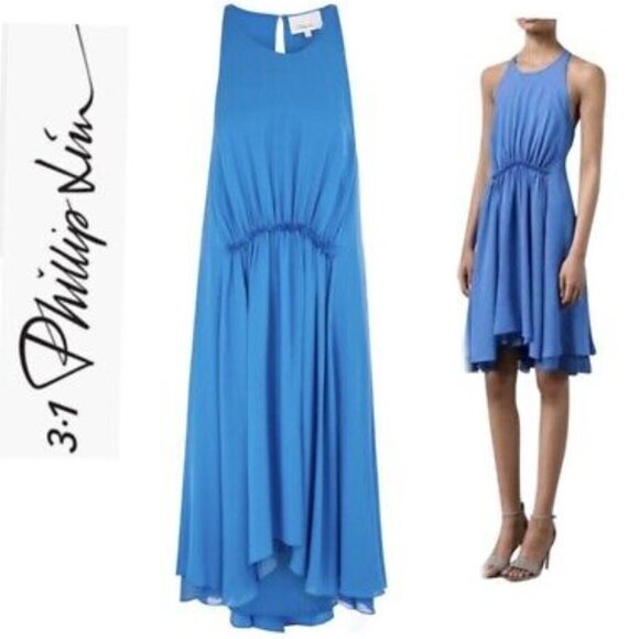 3.1 Phillip Lim Aegean Blue Silk Gathered Waist Dress - Picture 3 of 3
